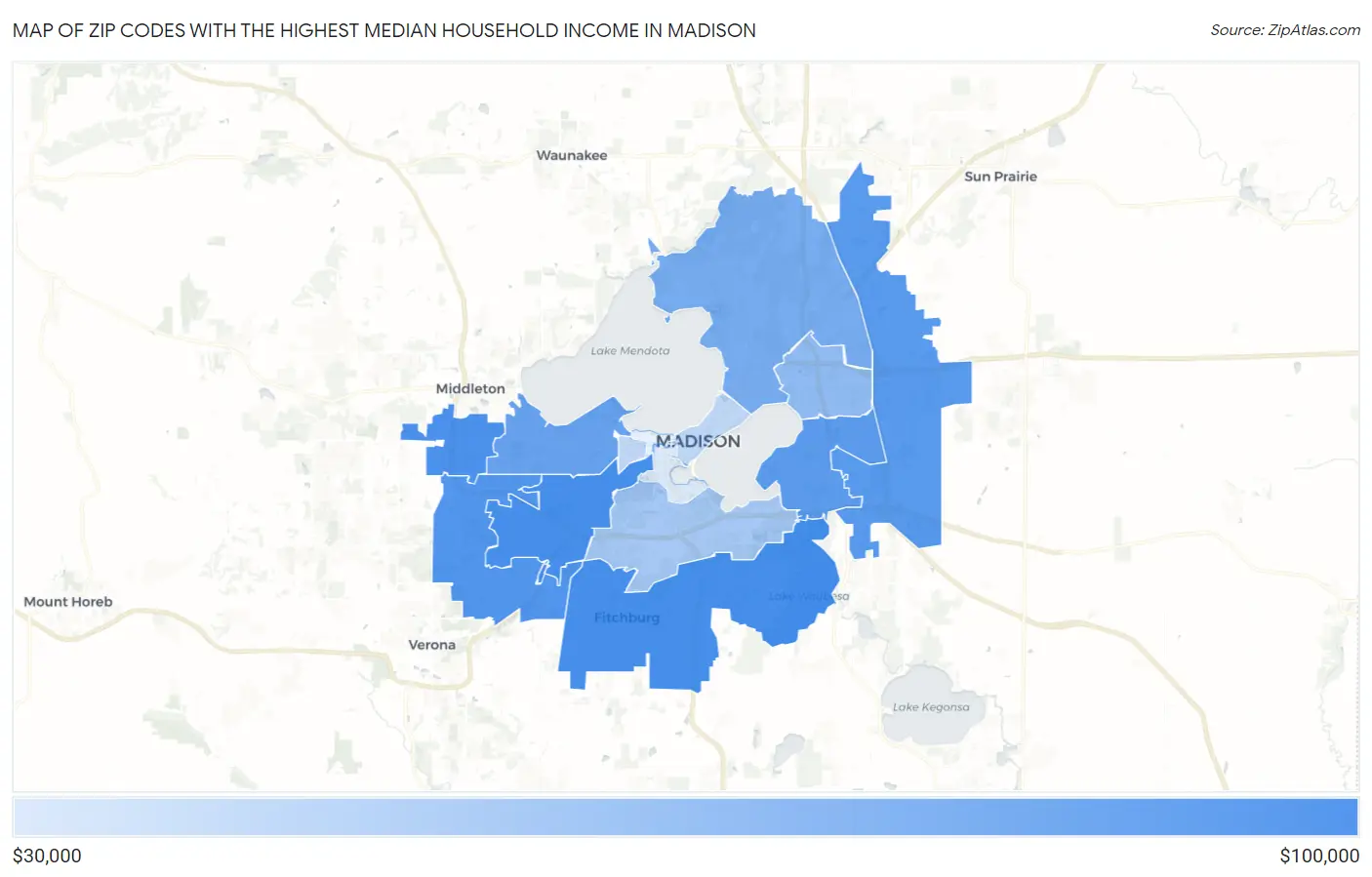 Zip Codes with the Highest Median Household Income in Madison Map