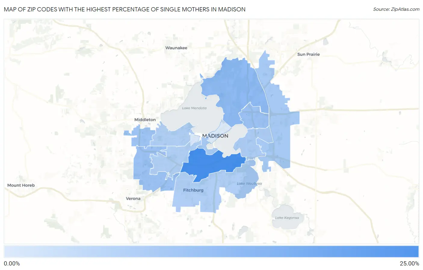 Zip Codes with the Highest Percentage of Single Mothers in Madison Map