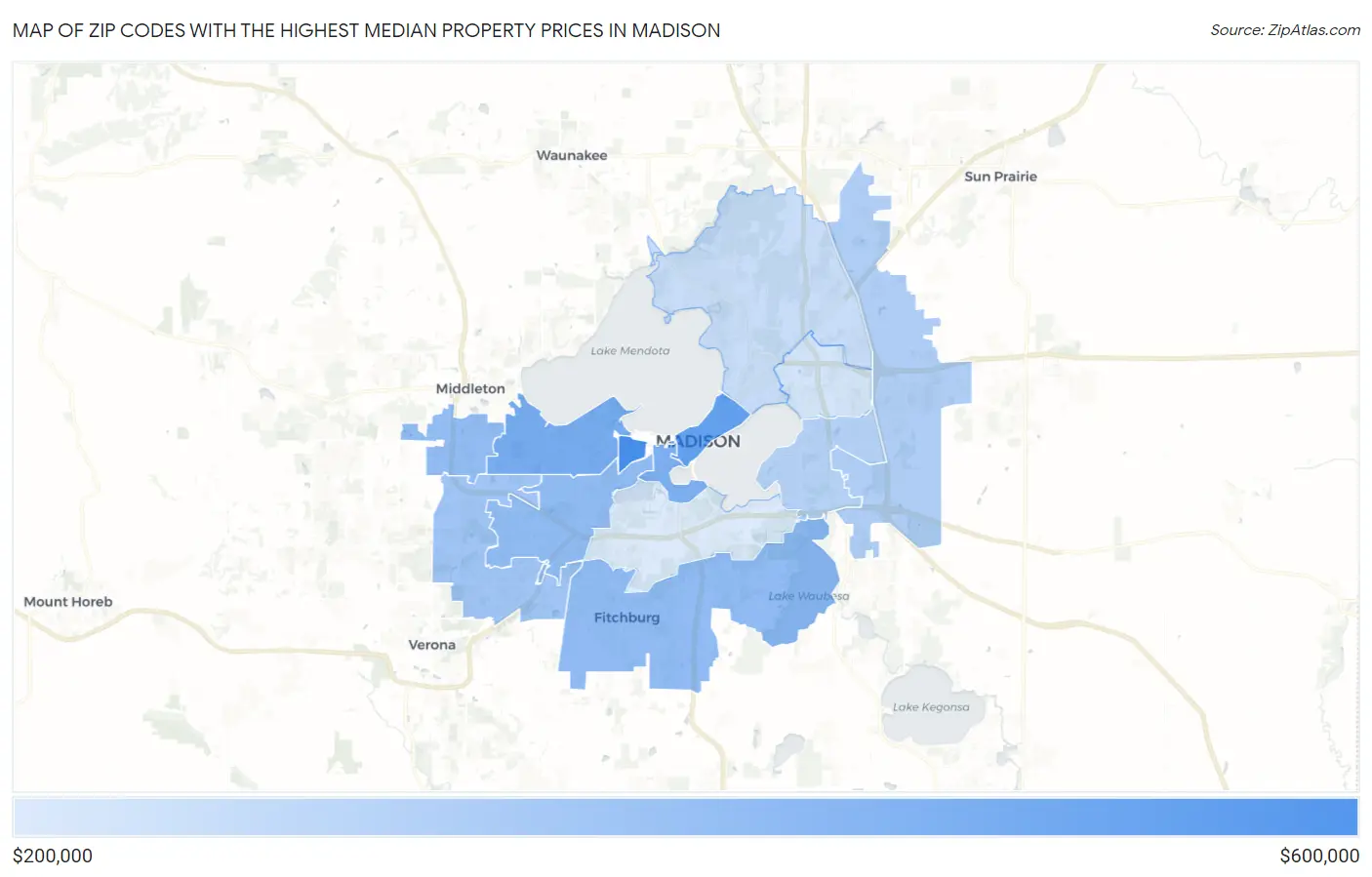 Zip Codes with the Highest Median Property Prices in Madison Map