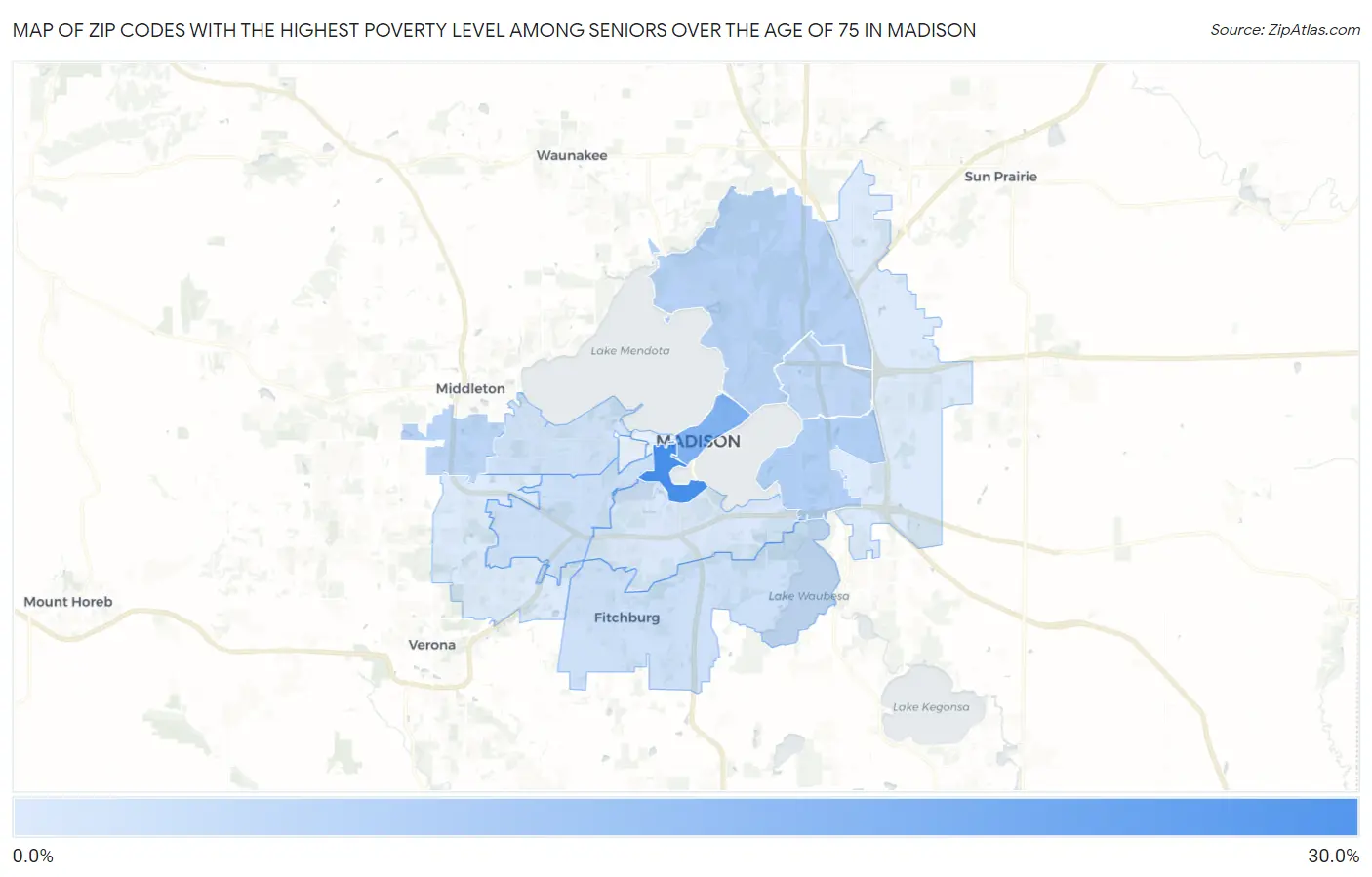 Zip Codes with the Highest Poverty Level Among Seniors Over the Age of 75 in Madison Map
