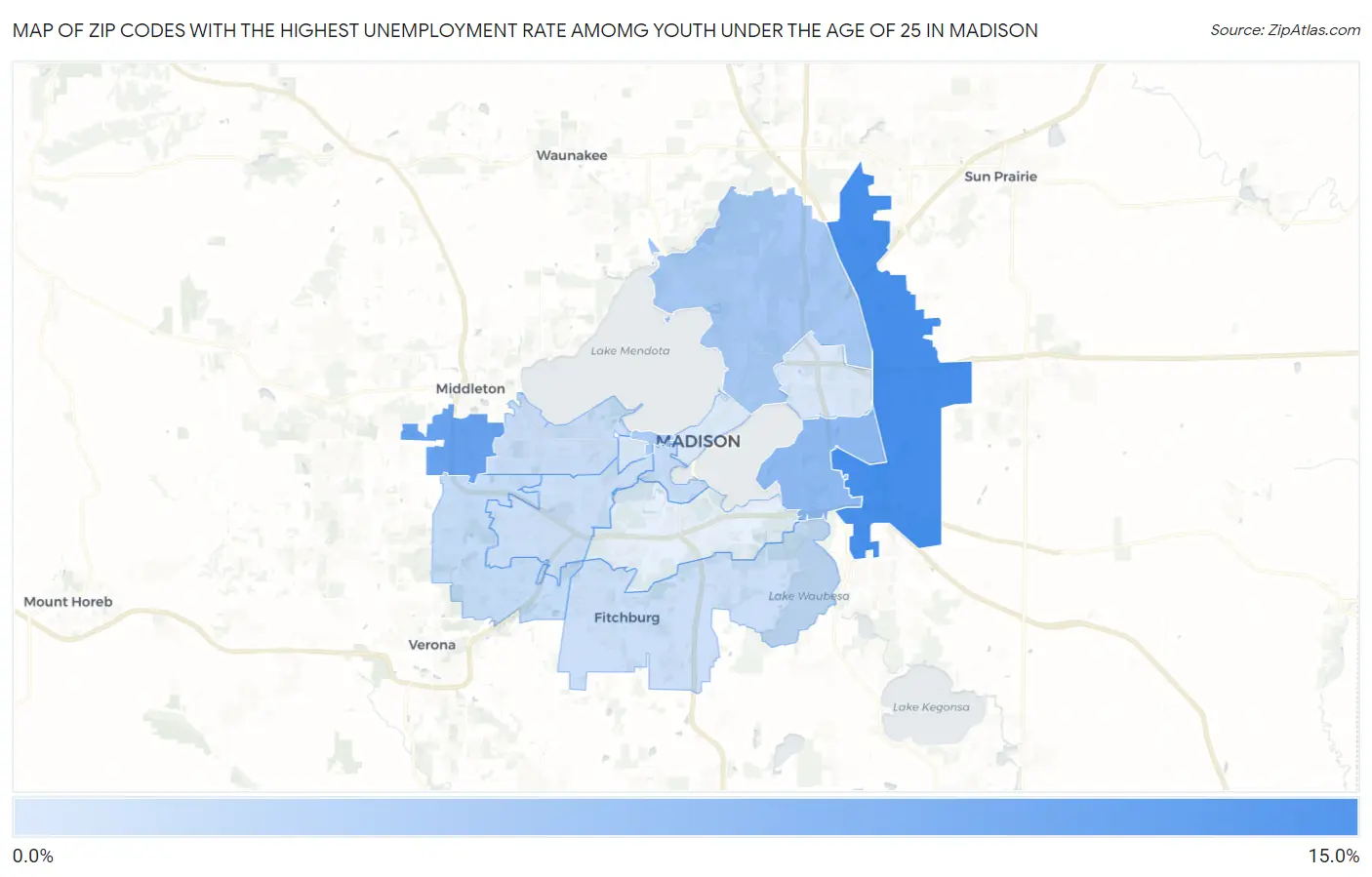 Zip Codes with the Highest Unemployment Rate Amomg Youth Under the Age of 25 in Madison Map