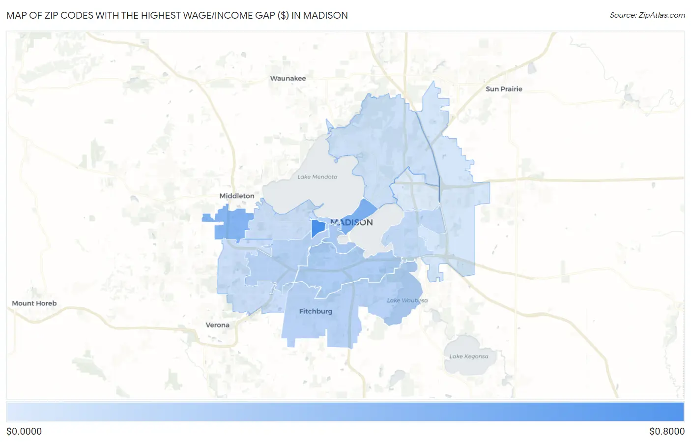 Zip Codes with the Highest Wage/Income Gap ($) in Madison Map