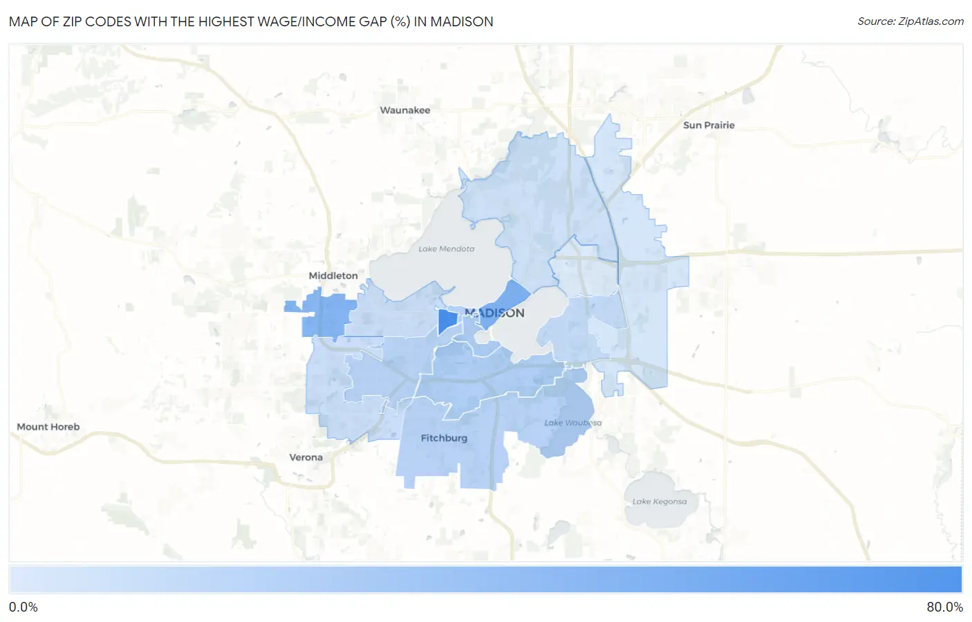 Zip Codes with the Highest Wage/Income Gap (%) in Madison Map