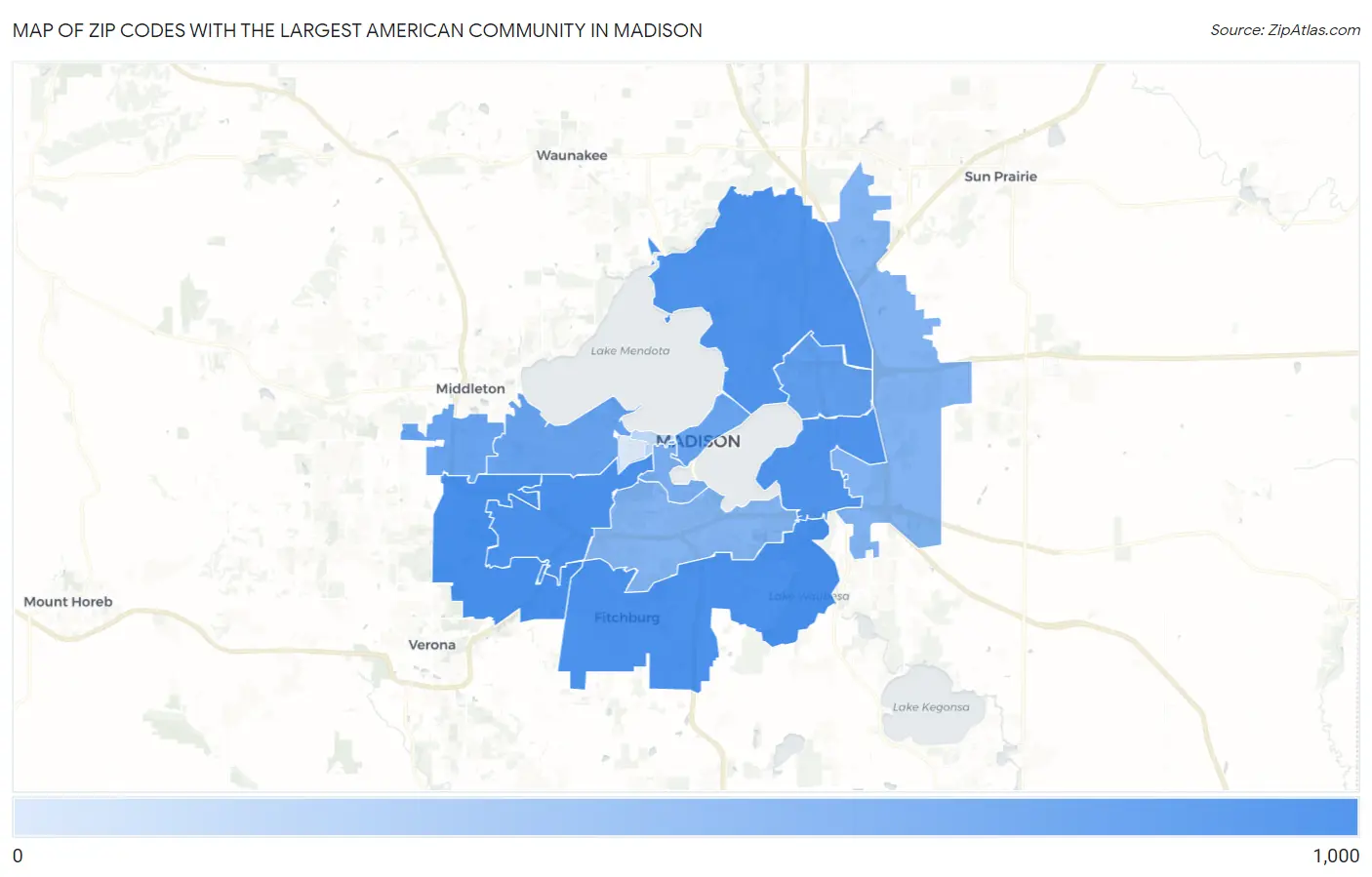 Zip Codes with the Largest American Community in Madison Map