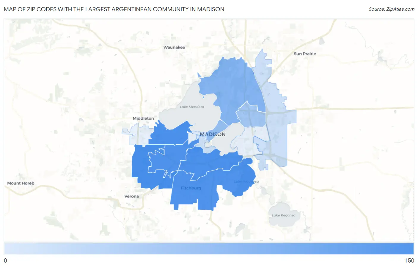 Zip Codes with the Largest Argentinean Community in Madison Map