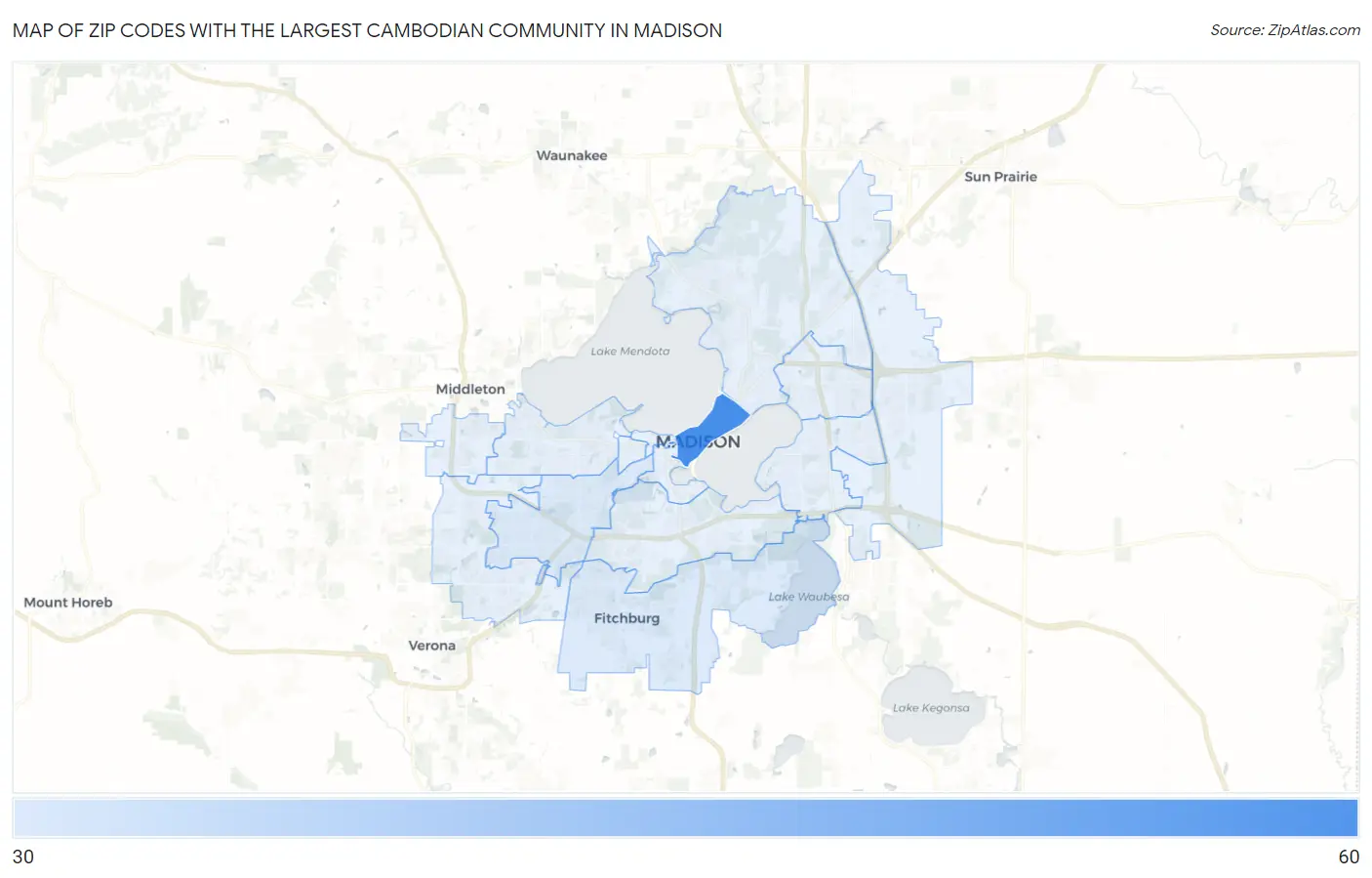 Zip Codes with the Largest Cambodian Community in Madison Map
