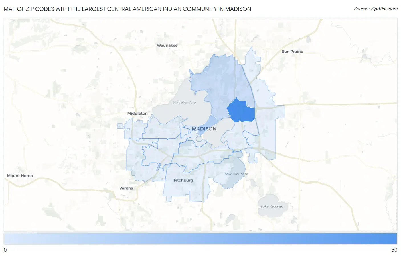Zip Codes with the Largest Central American Indian Community in Madison Map