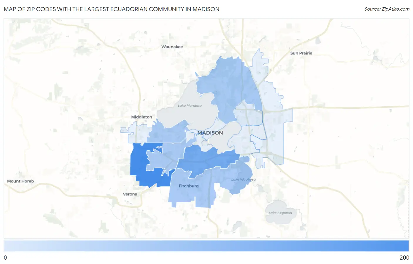 Zip Codes with the Largest Ecuadorian Community in Madison Map
