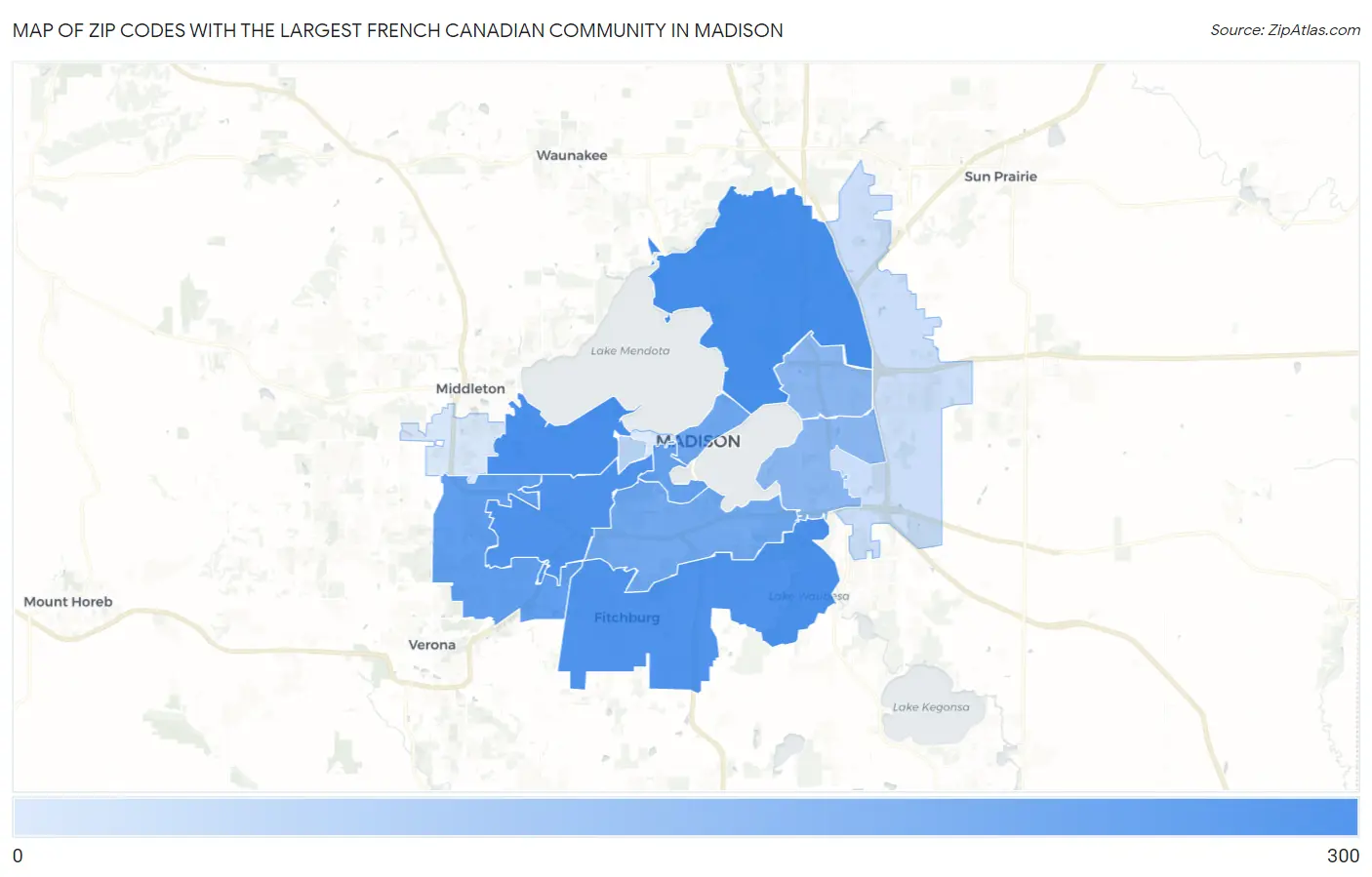 Zip Codes with the Largest French Canadian Community in Madison Map