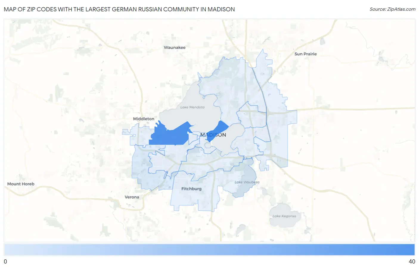 Zip Codes with the Largest German Russian Community in Madison Map