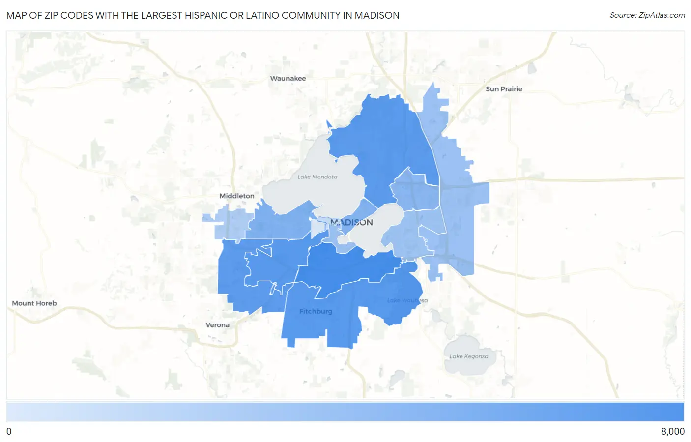 Zip Codes with the Largest Hispanic or Latino Community in Madison Map