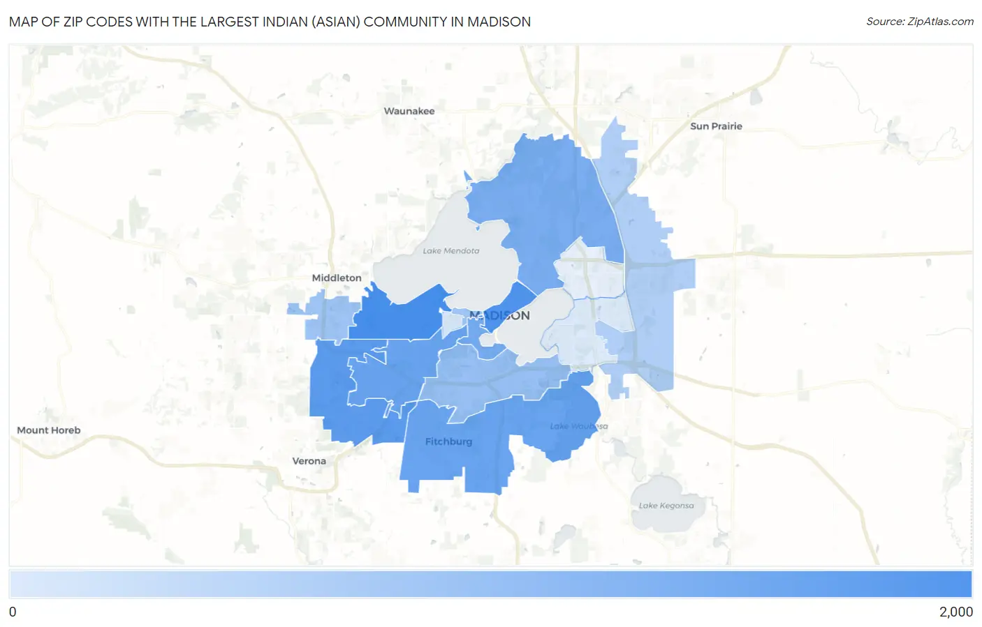 Zip Codes with the Largest Indian (Asian) Community in Madison Map