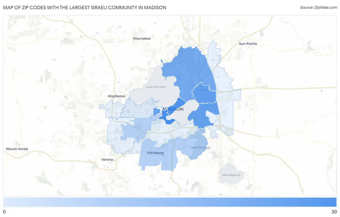 Zip Codes with the Largest Israeli Community in Madison Map