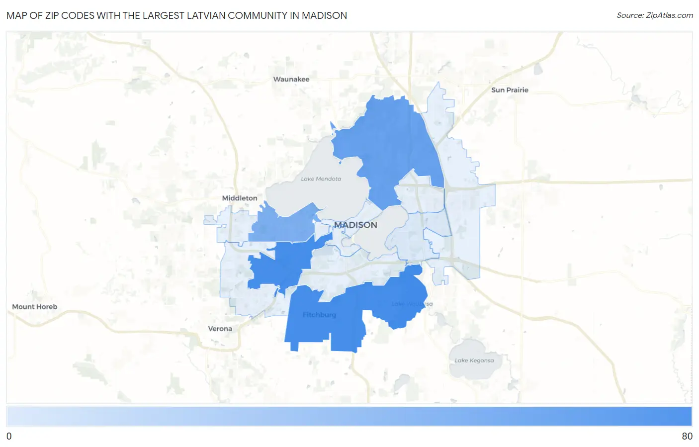Zip Codes with the Largest Latvian Community in Madison Map