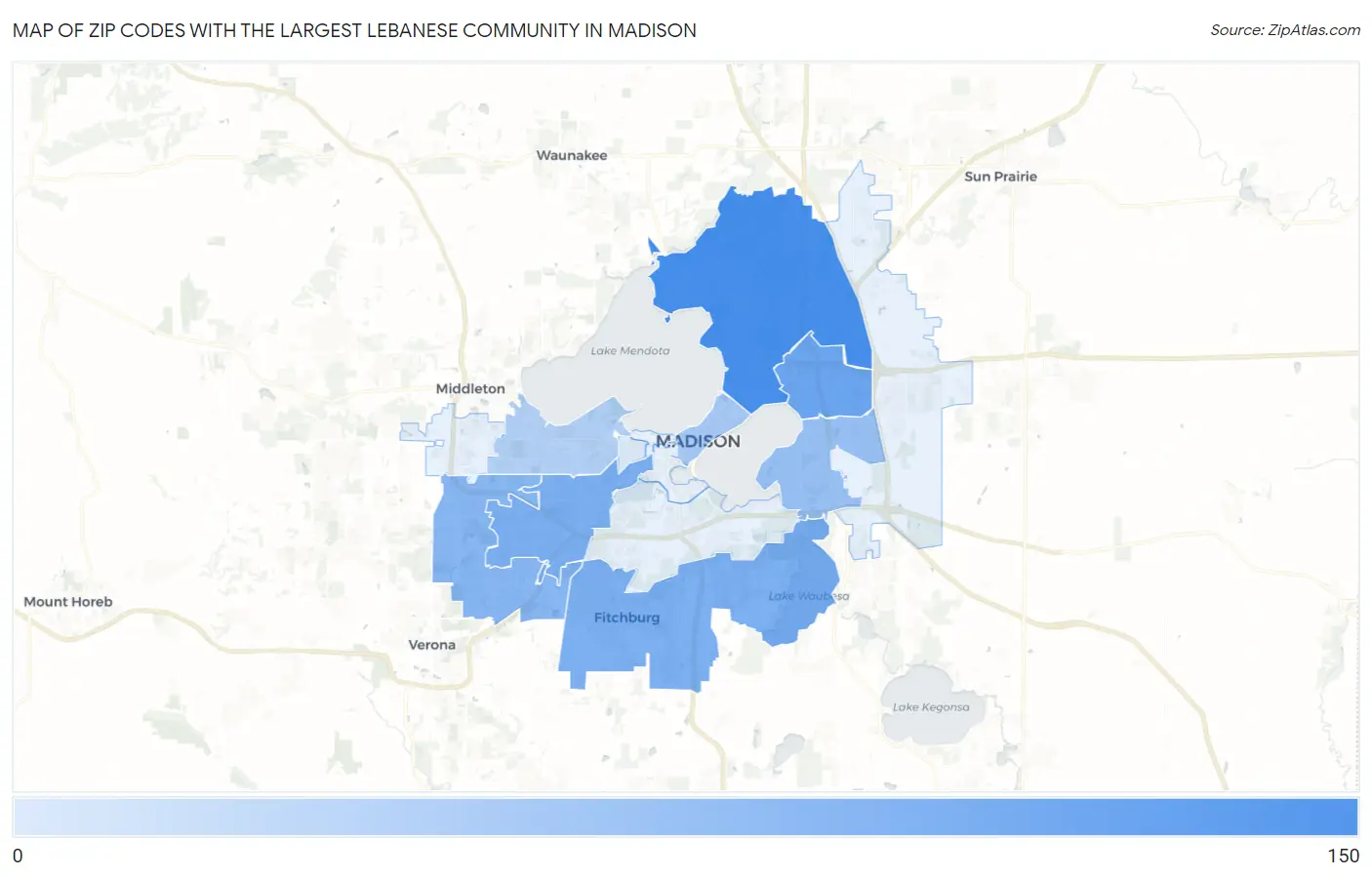 Zip Codes with the Largest Lebanese Community in Madison Map