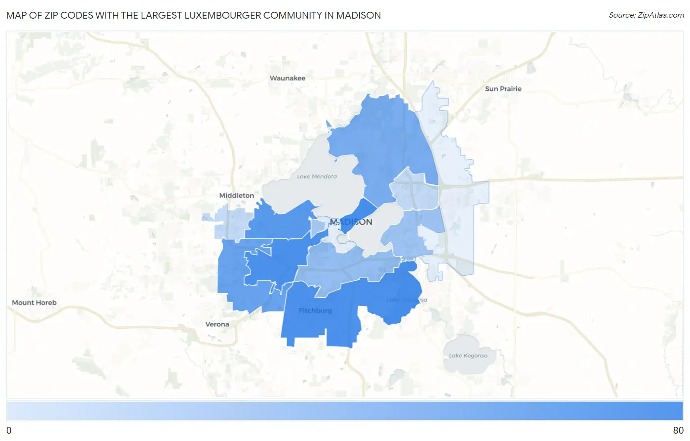 Zip Codes with the Largest Luxembourger Community in Madison Map