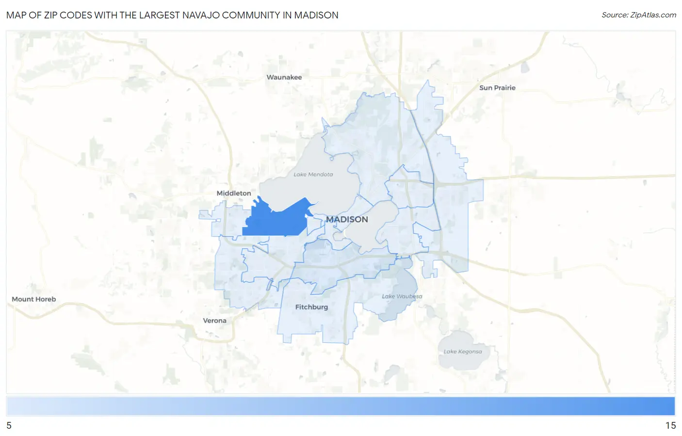 Zip Codes with the Largest Navajo Community in Madison Map