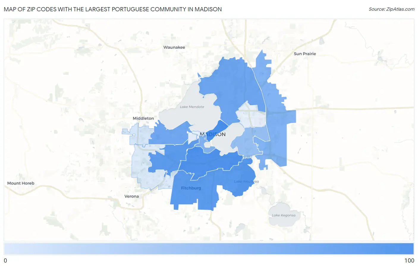 Zip Codes with the Largest Portuguese Community in Madison Map