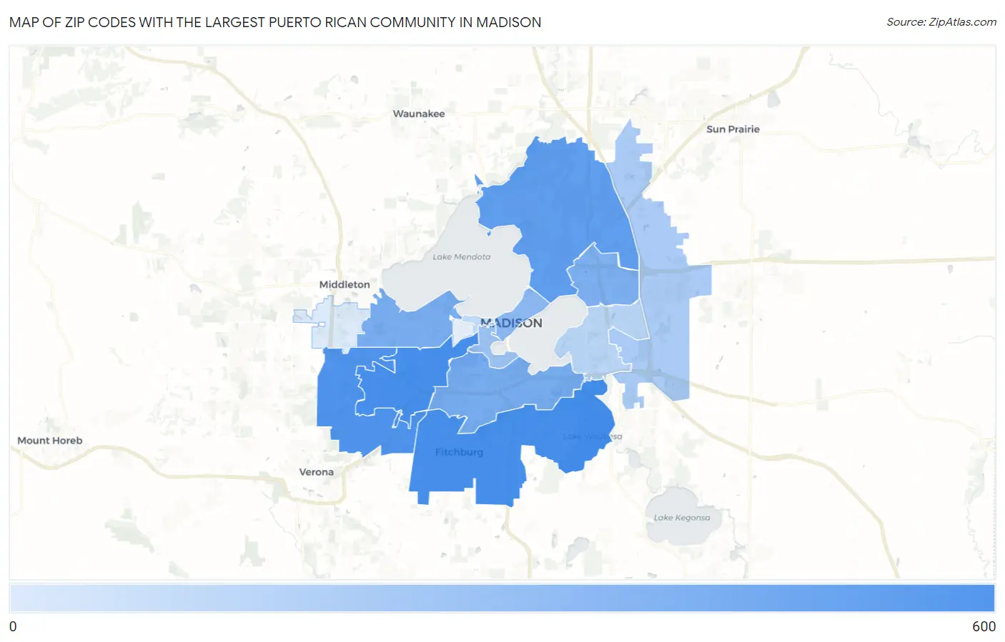 Zip Codes with the Largest Puerto Rican Community in Madison Map