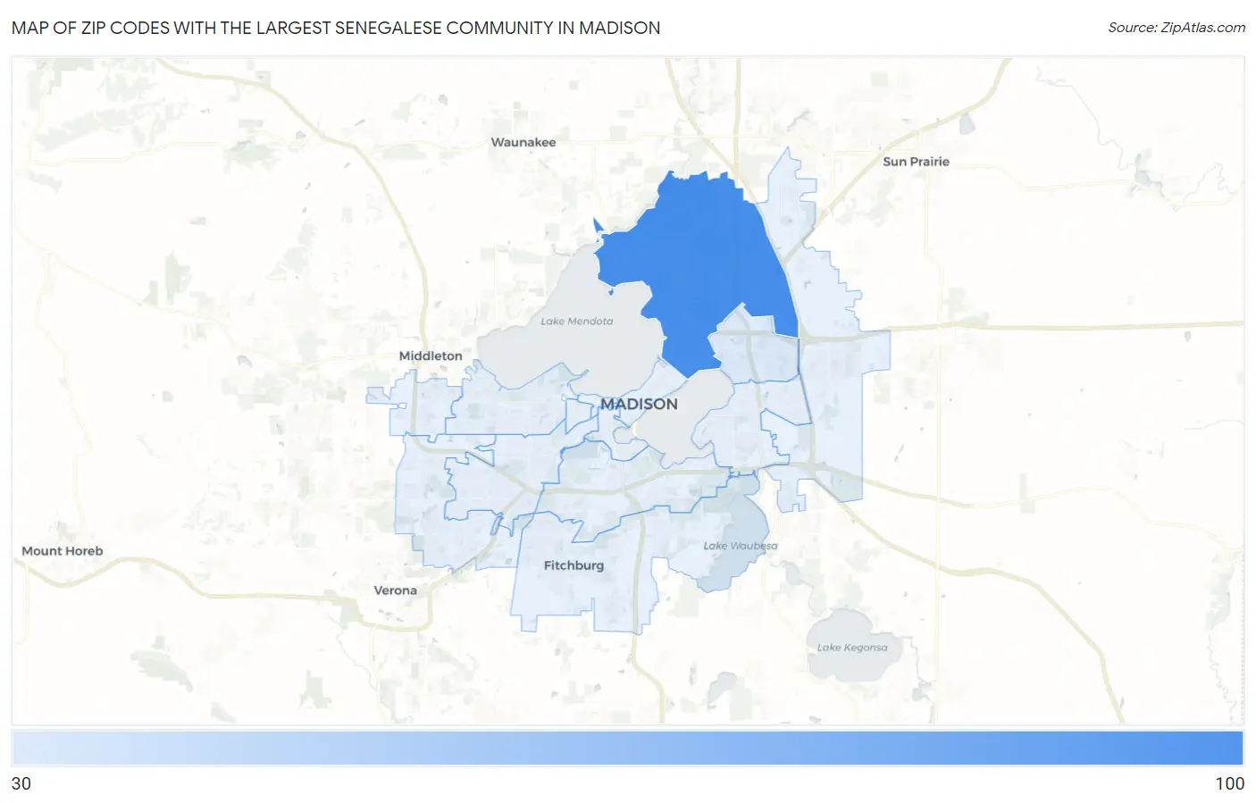 Zip Codes with the Largest Senegalese Community in Madison Map