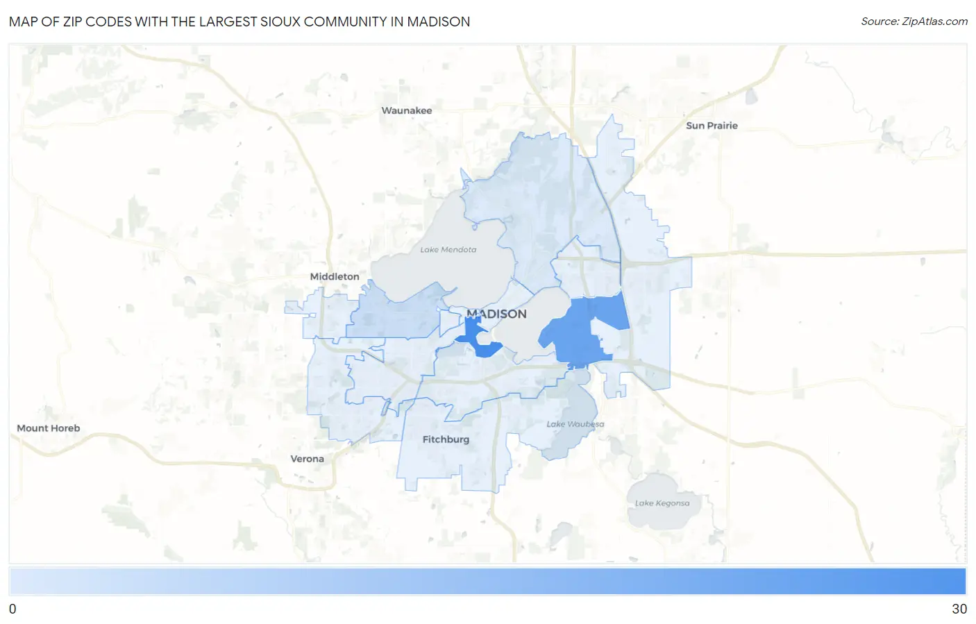 Zip Codes with the Largest Sioux Community in Madison Map