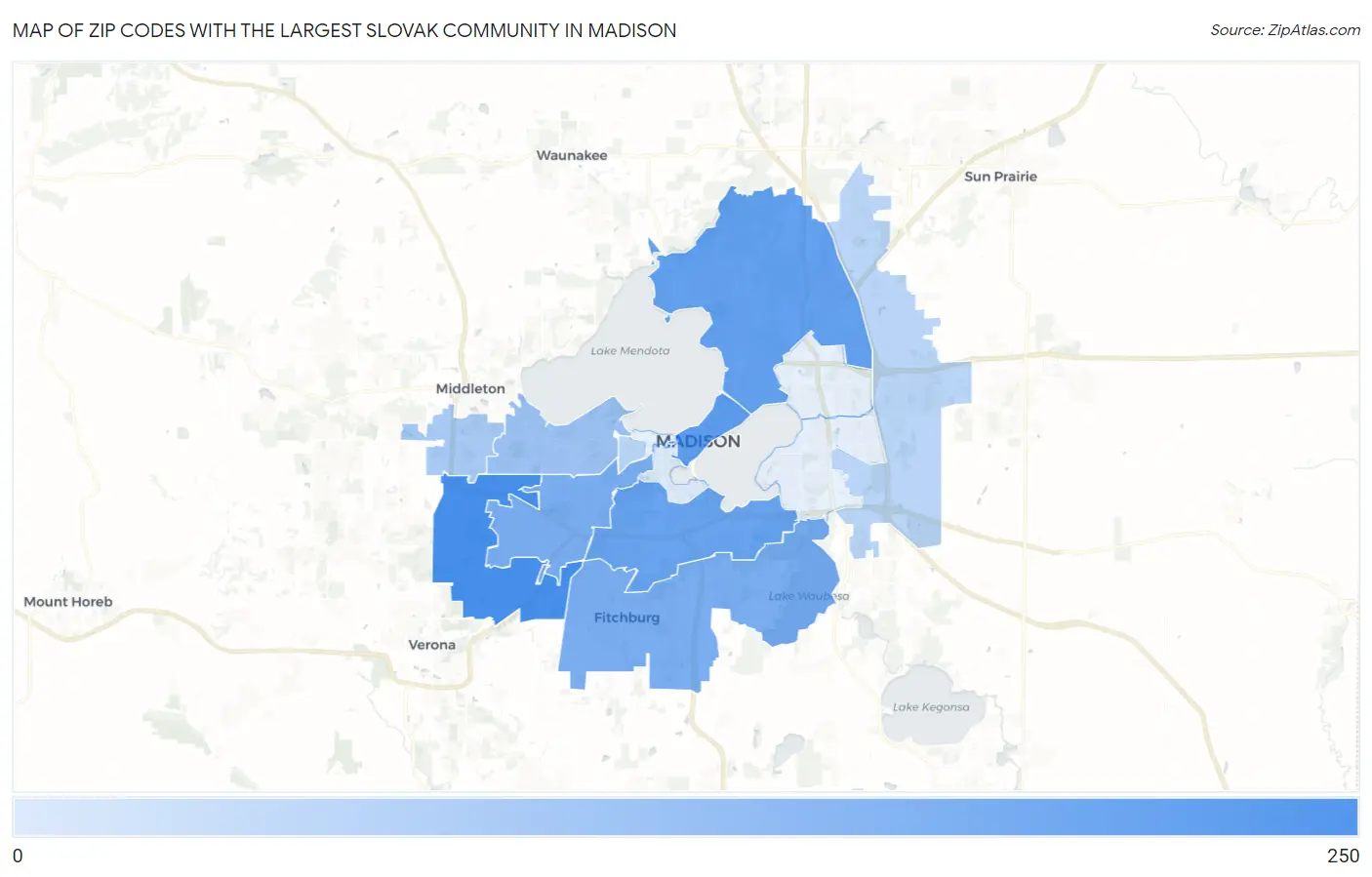 Zip Codes with the Largest Slovak Community in Madison Map