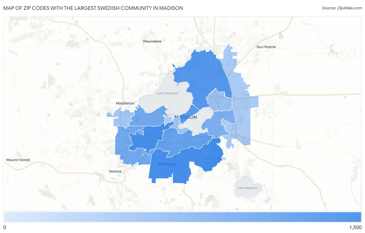 Zip Codes with the Largest Swedish Community in Madison Map
