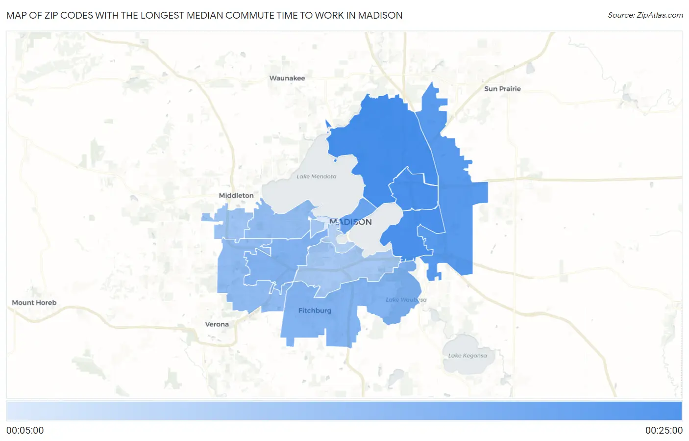 Zip Codes with the Longest Median Commute Time to Work in Madison Map