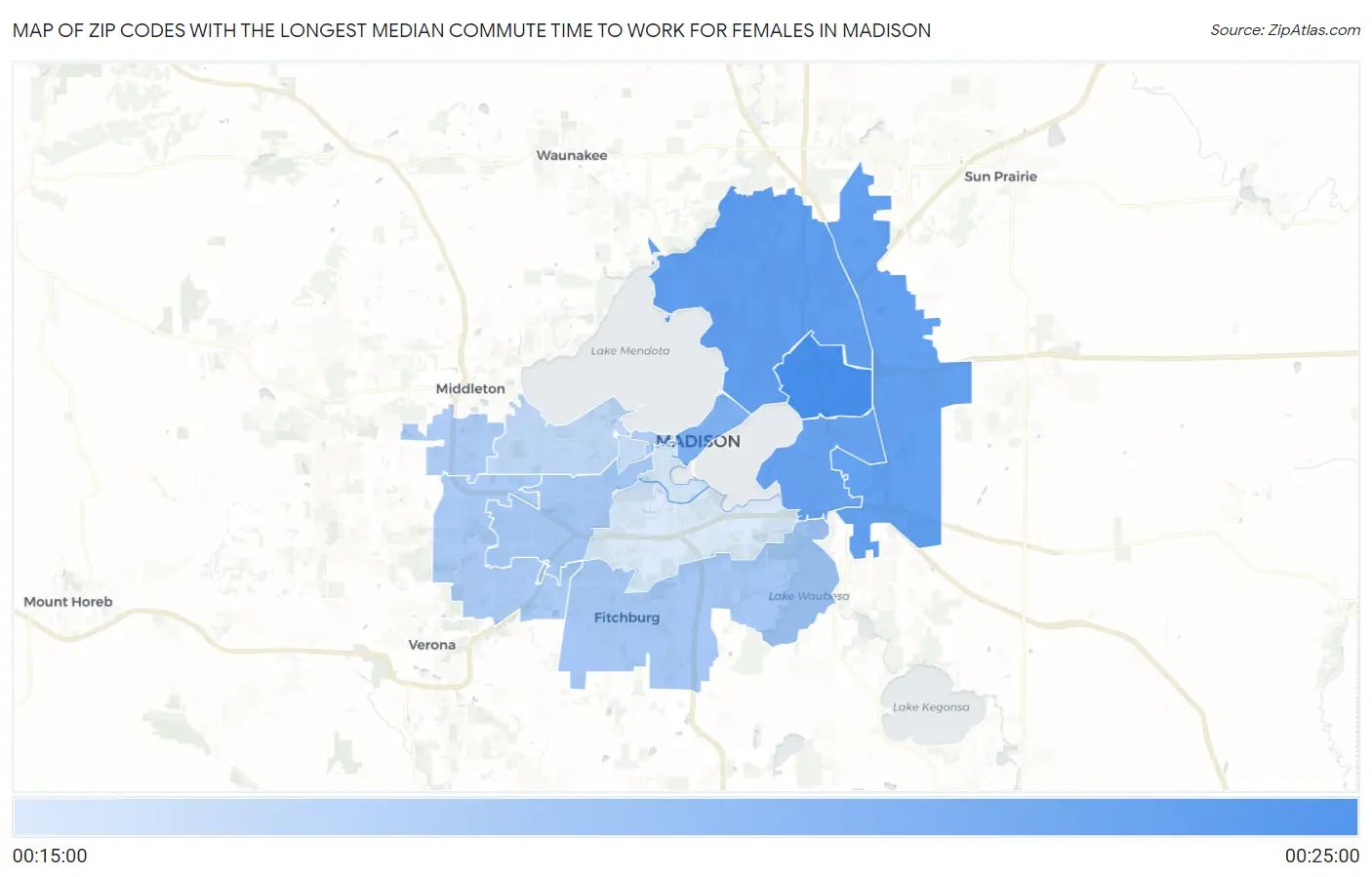 Zip Codes with the Longest Median Commute Time to Work for Females in Madison Map
