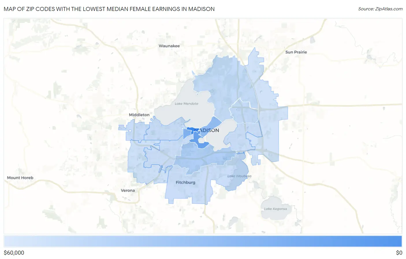 Zip Codes with the Lowest Median Female Earnings in Madison Map