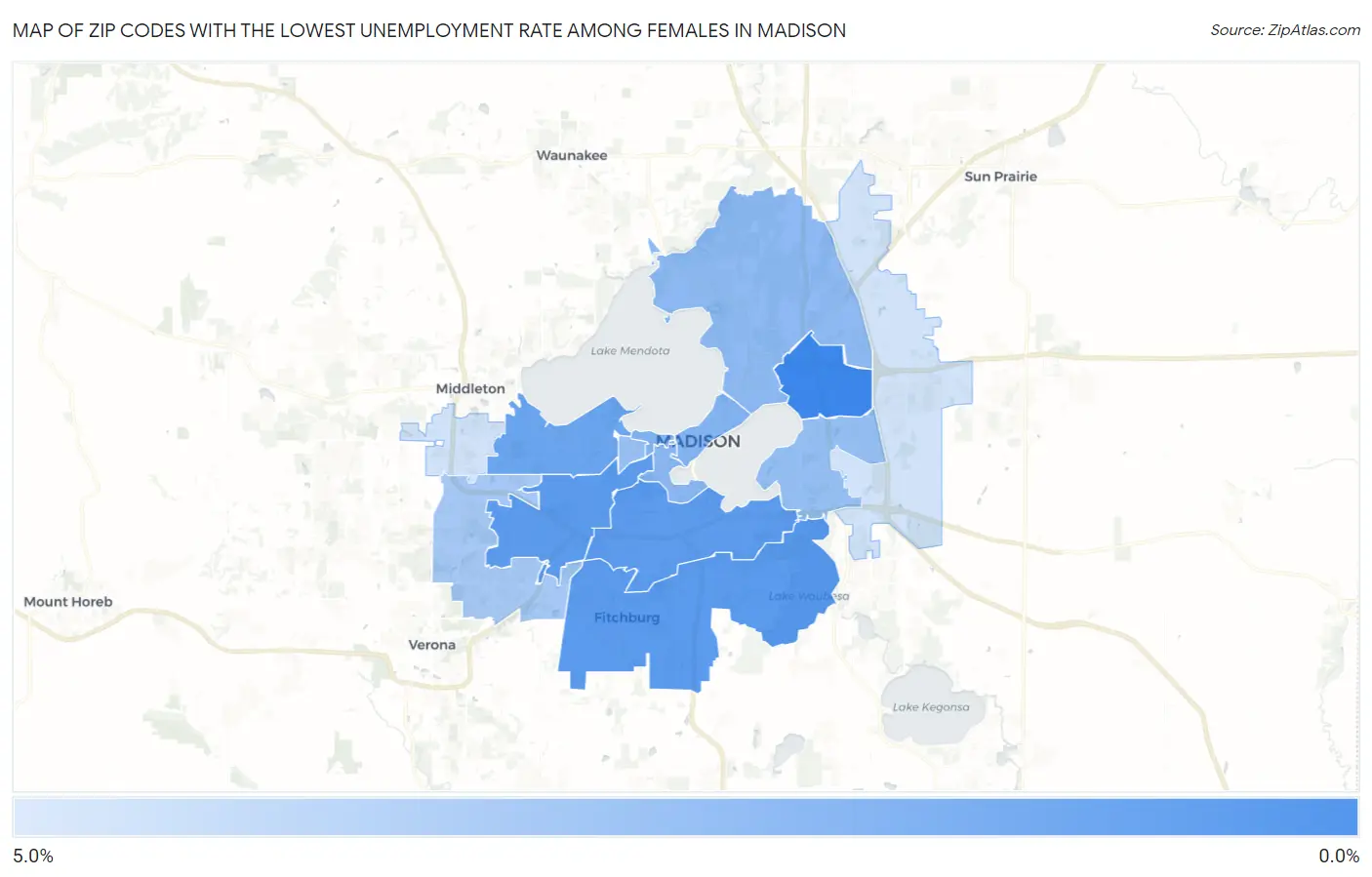Zip Codes with the Lowest Unemployment Rate Among Females in Madison Map