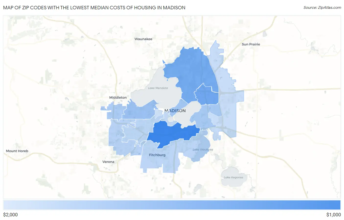 Zip Codes with the Lowest Median Costs of Housing in Madison Map