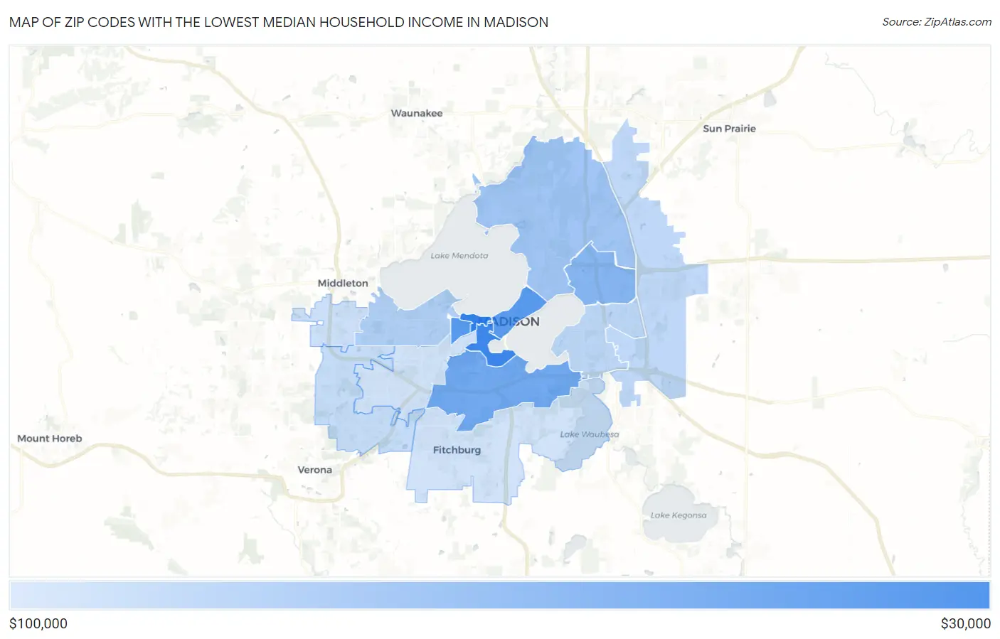Zip Codes with the Lowest Median Household Income in Madison Map