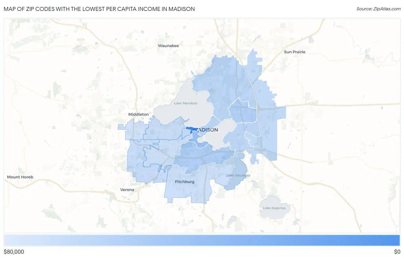 Zip Codes with the Lowest Per Capita Income in Madison Map