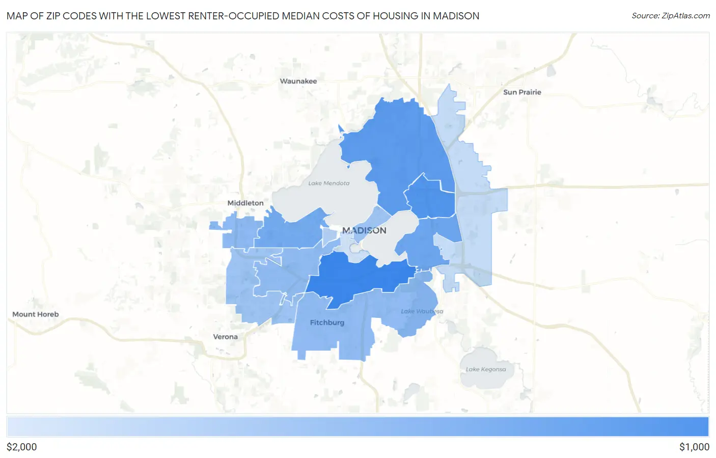 Zip Codes with the Lowest Renter-Occupied Median Costs of Housing in Madison Map