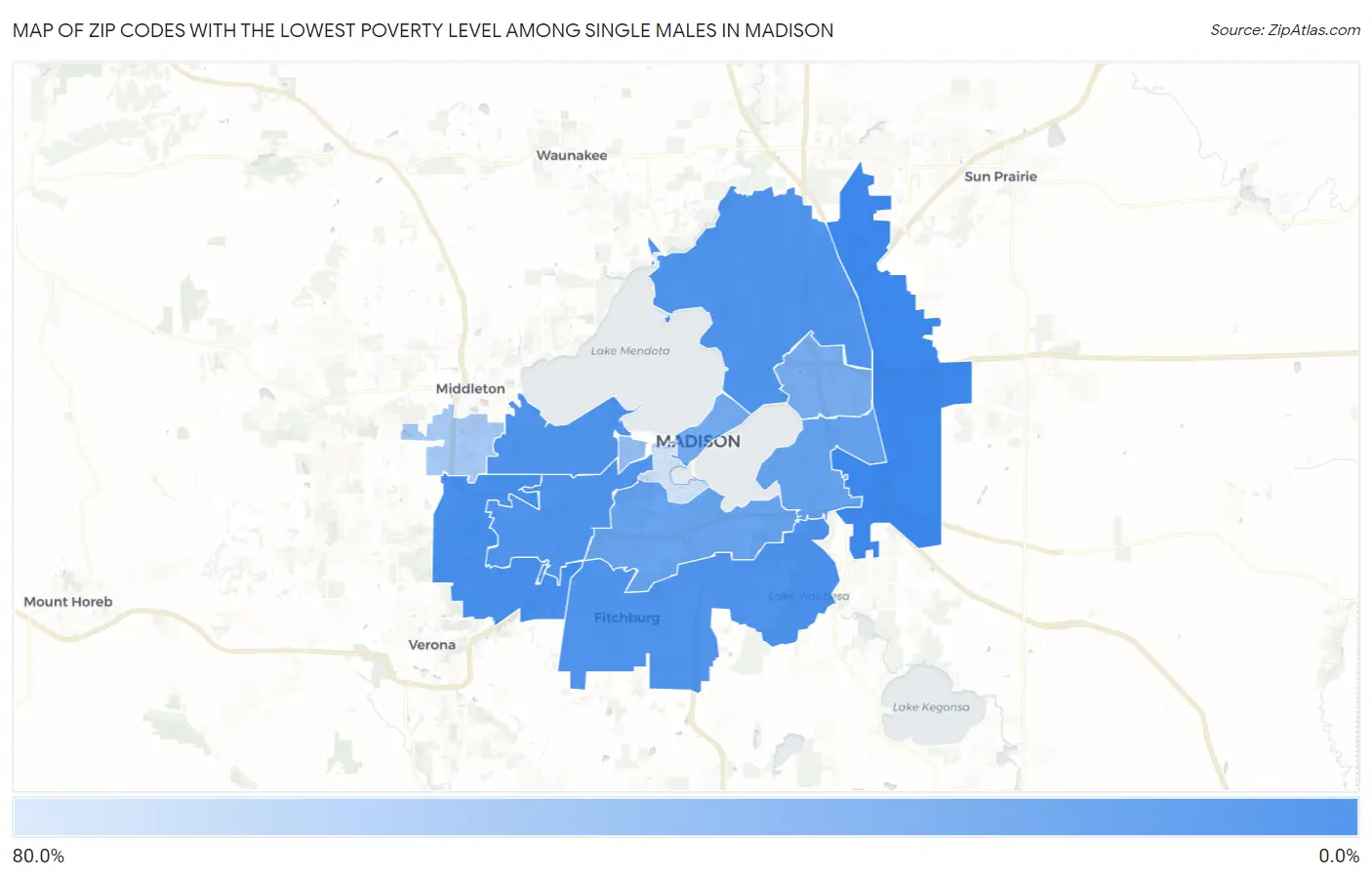 Zip Codes with the Lowest Poverty Level Among Single Males in Madison Map