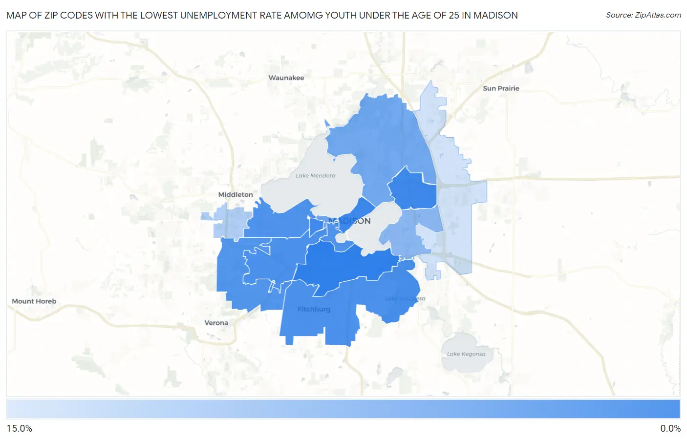 Zip Codes with the Lowest Unemployment Rate Amomg Youth Under the Age of 25 in Madison Map