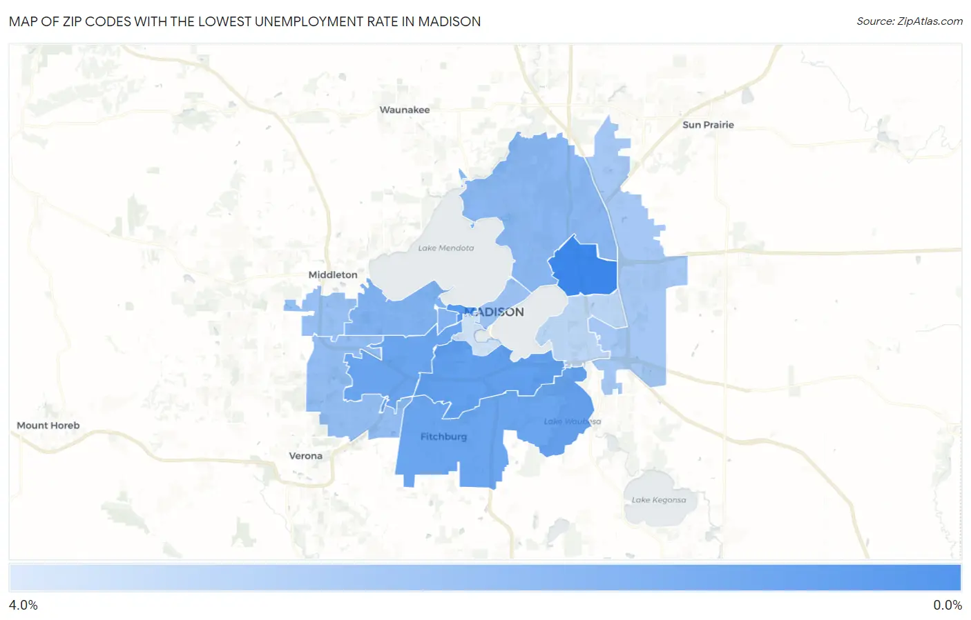 Zip Codes with the Lowest Unemployment Rate in Madison Map