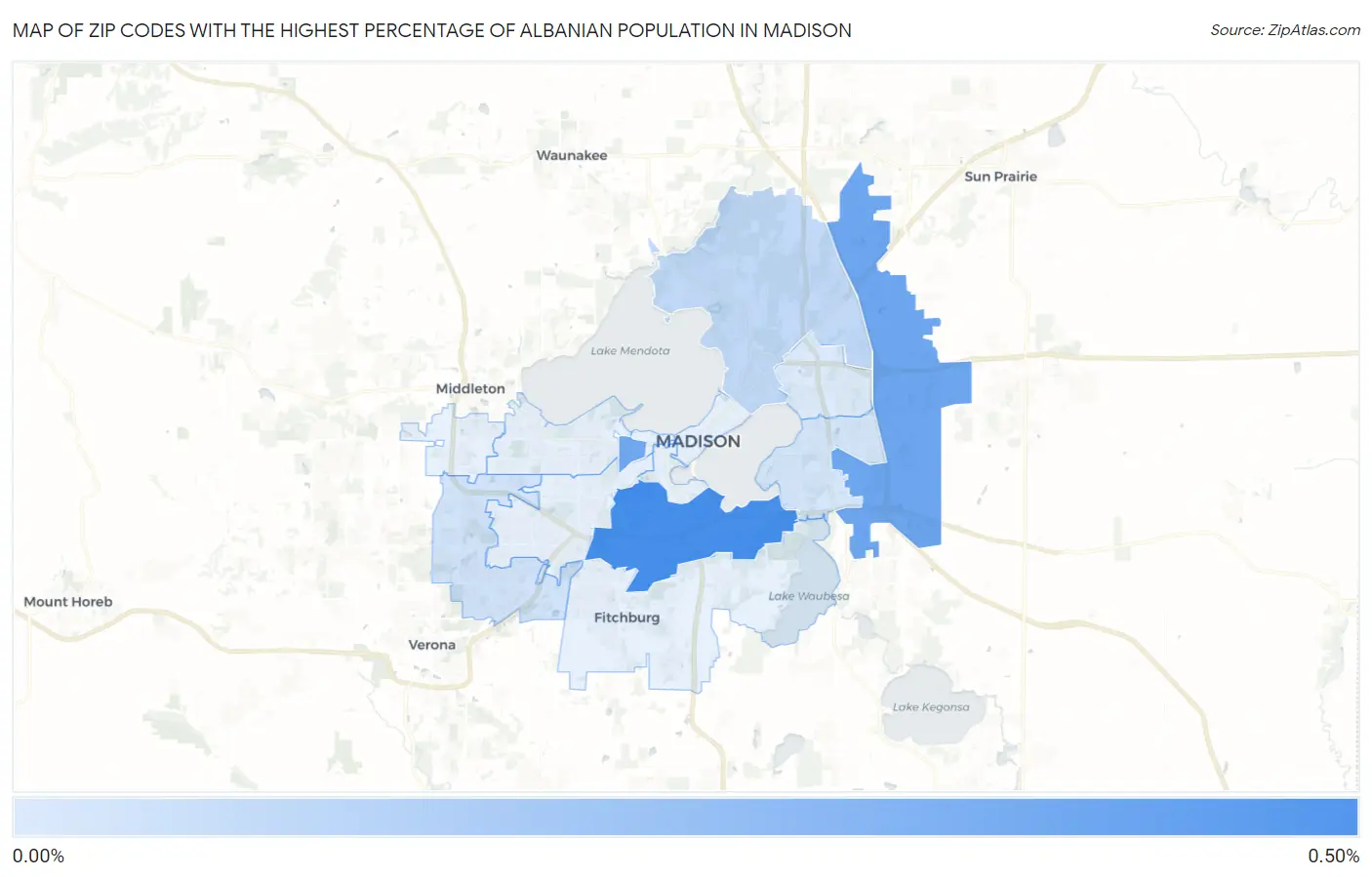 Zip Codes with the Highest Percentage of Albanian Population in Madison Map