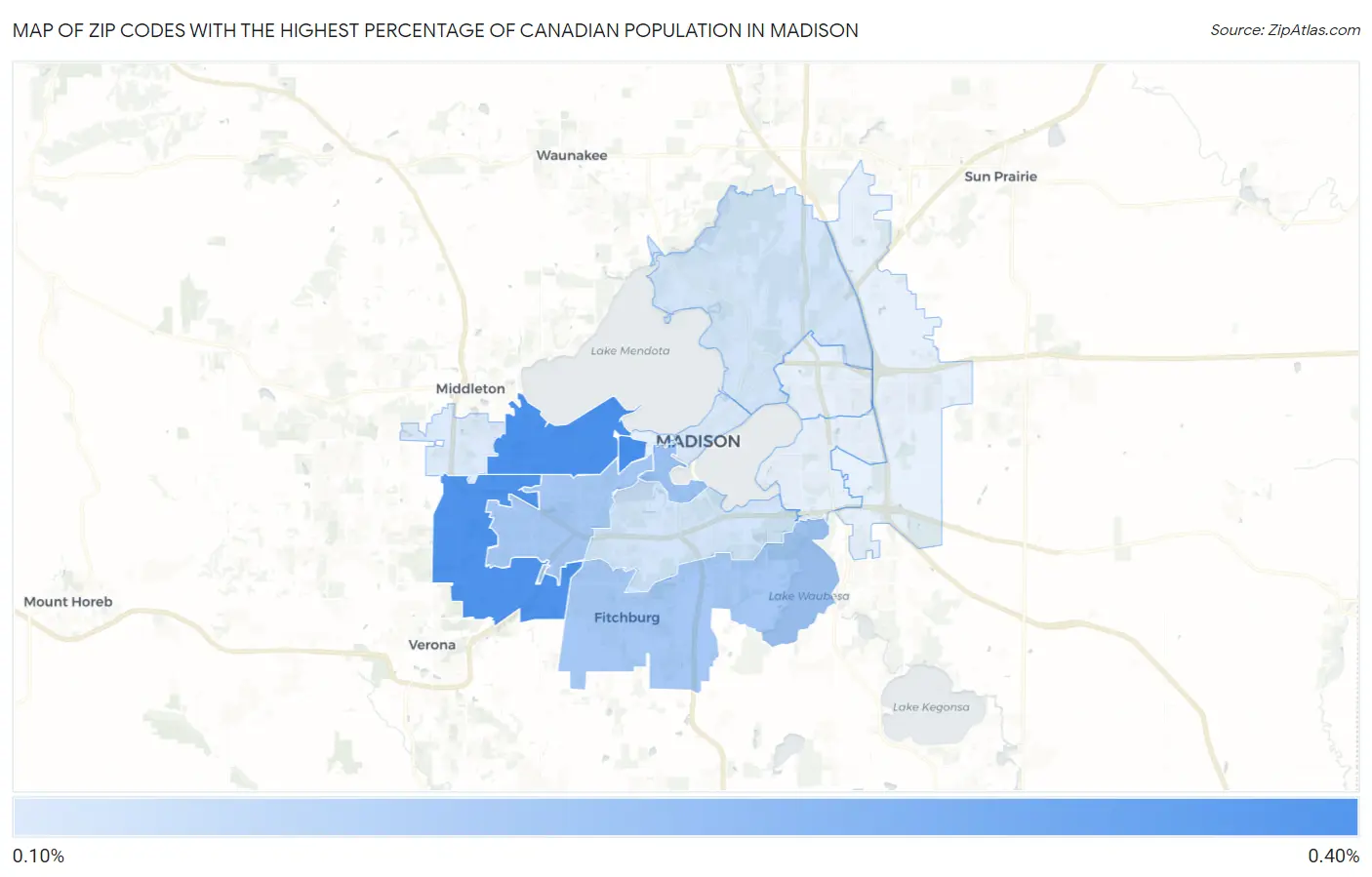 Zip Codes with the Highest Percentage of Canadian Population in Madison Map
