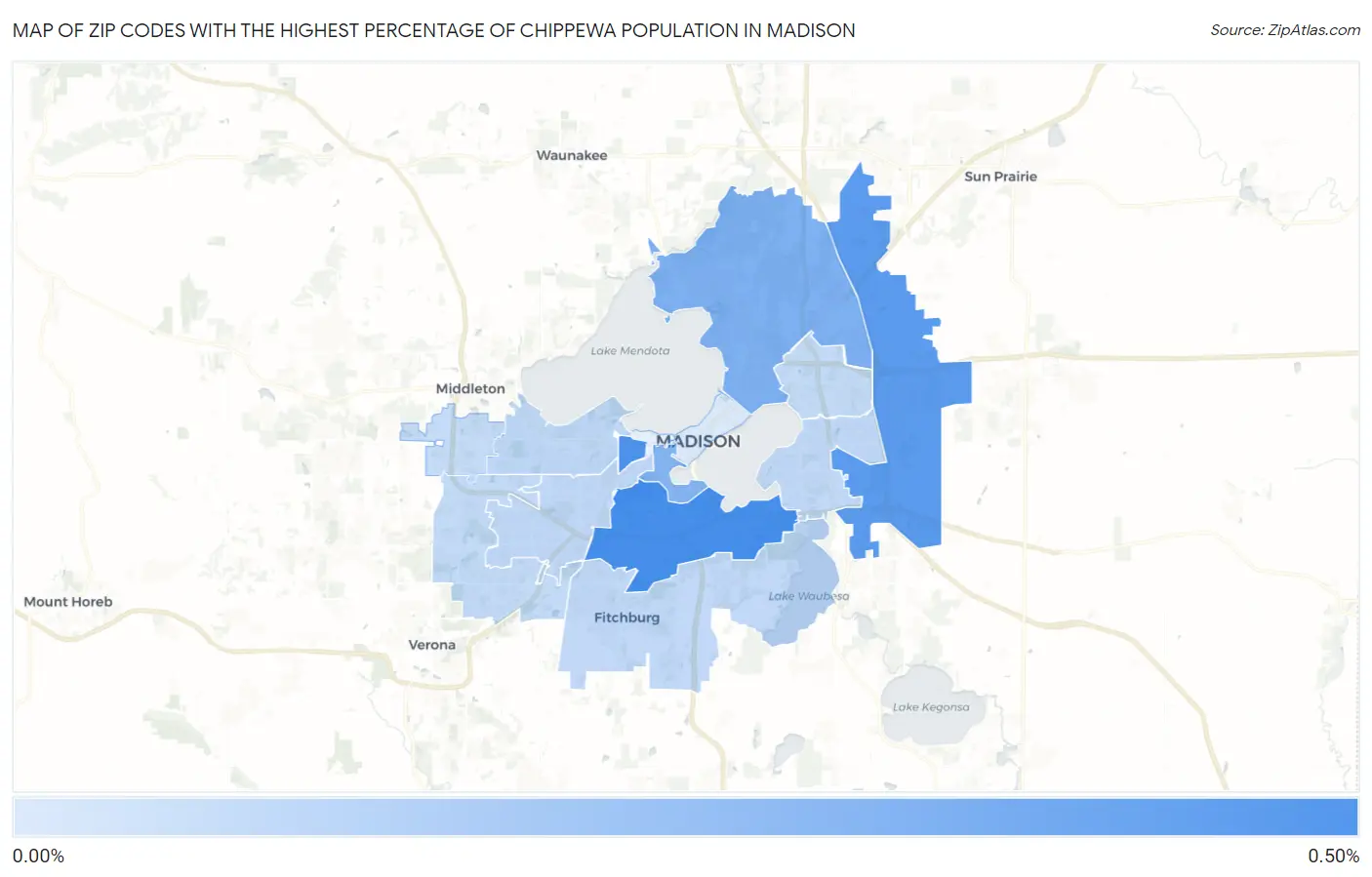 Zip Codes with the Highest Percentage of Chippewa Population in Madison Map