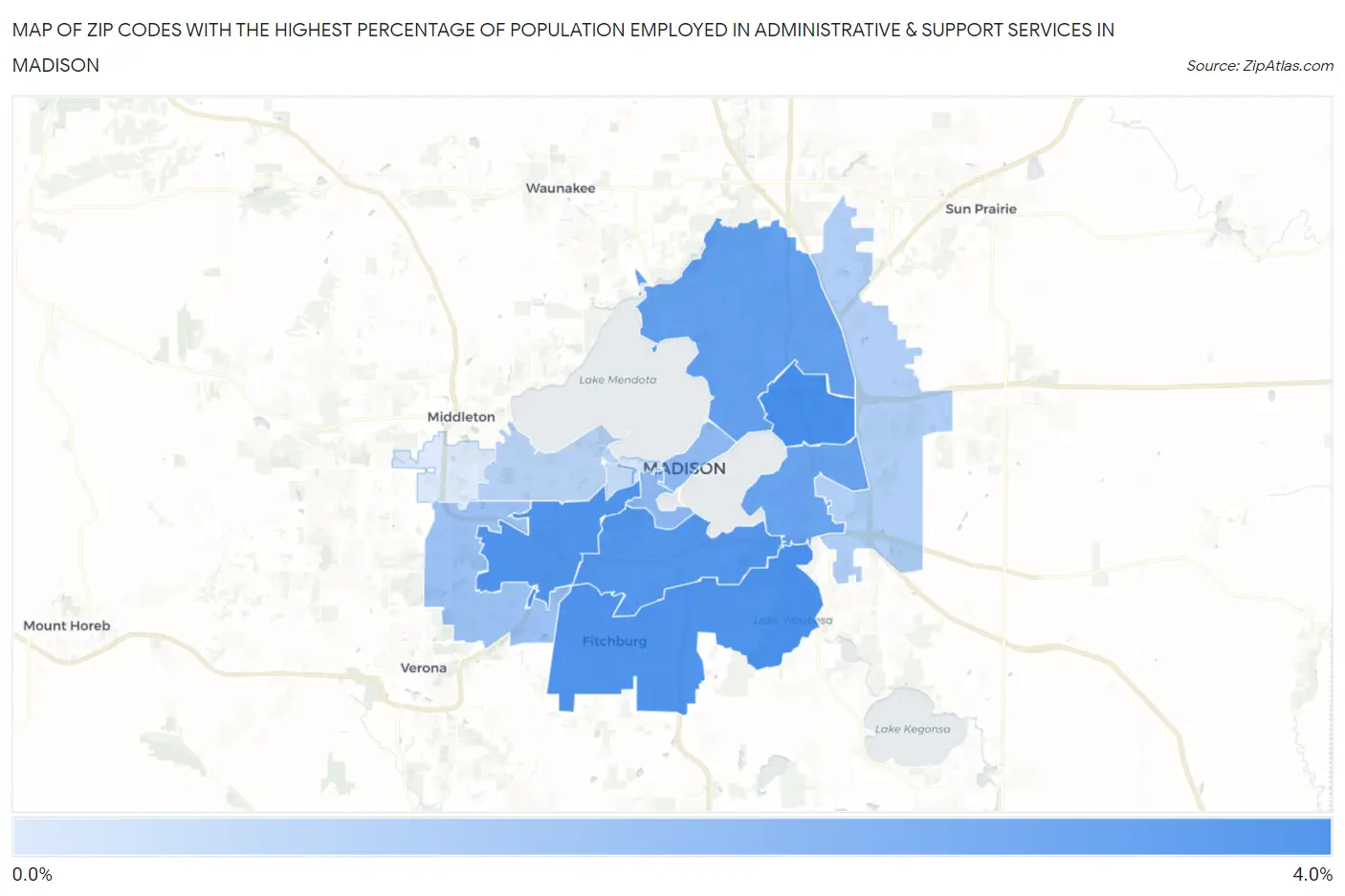 Zip Codes with the Highest Percentage of Population Employed in Administrative & Support Services in Madison Map