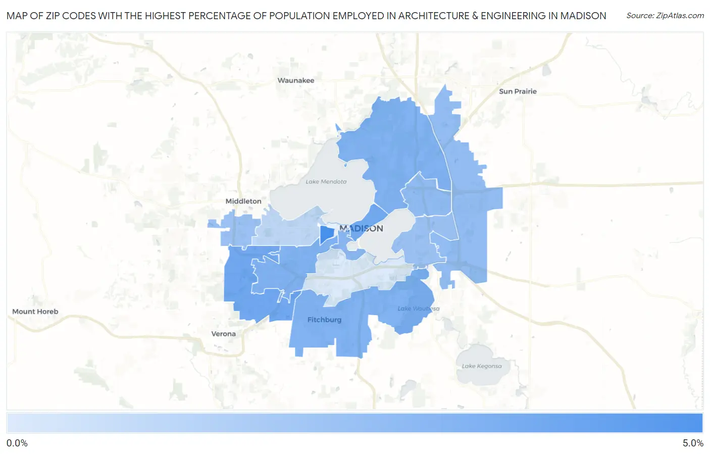 Zip Codes with the Highest Percentage of Population Employed in Architecture & Engineering in Madison Map