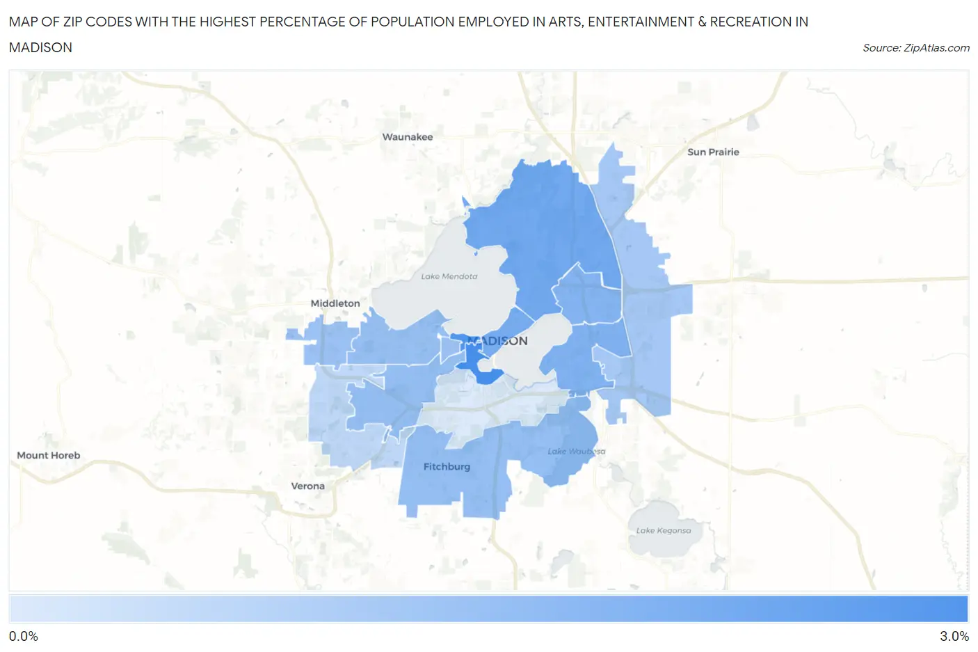 Zip Codes with the Highest Percentage of Population Employed in Arts, Entertainment & Recreation in Madison Map