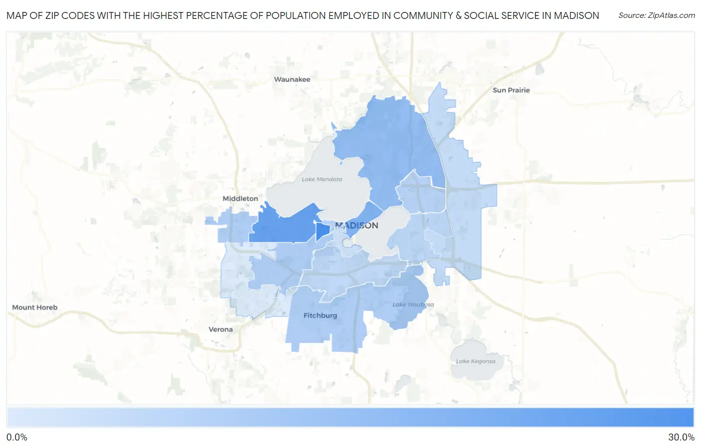 Zip Codes with the Highest Percentage of Population Employed in Community & Social Service  in Madison Map
