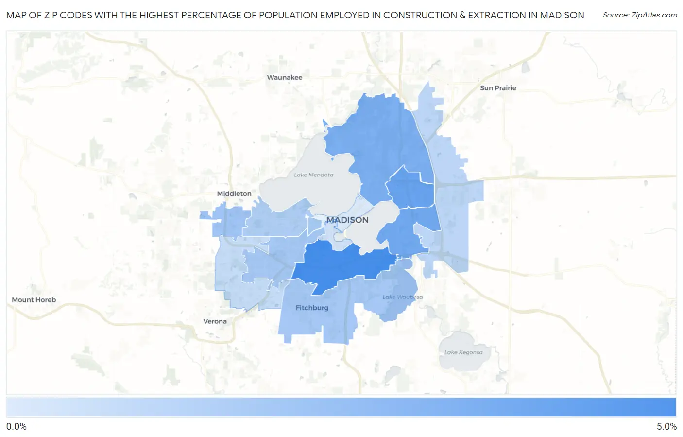 Zip Codes with the Highest Percentage of Population Employed in Construction & Extraction in Madison Map