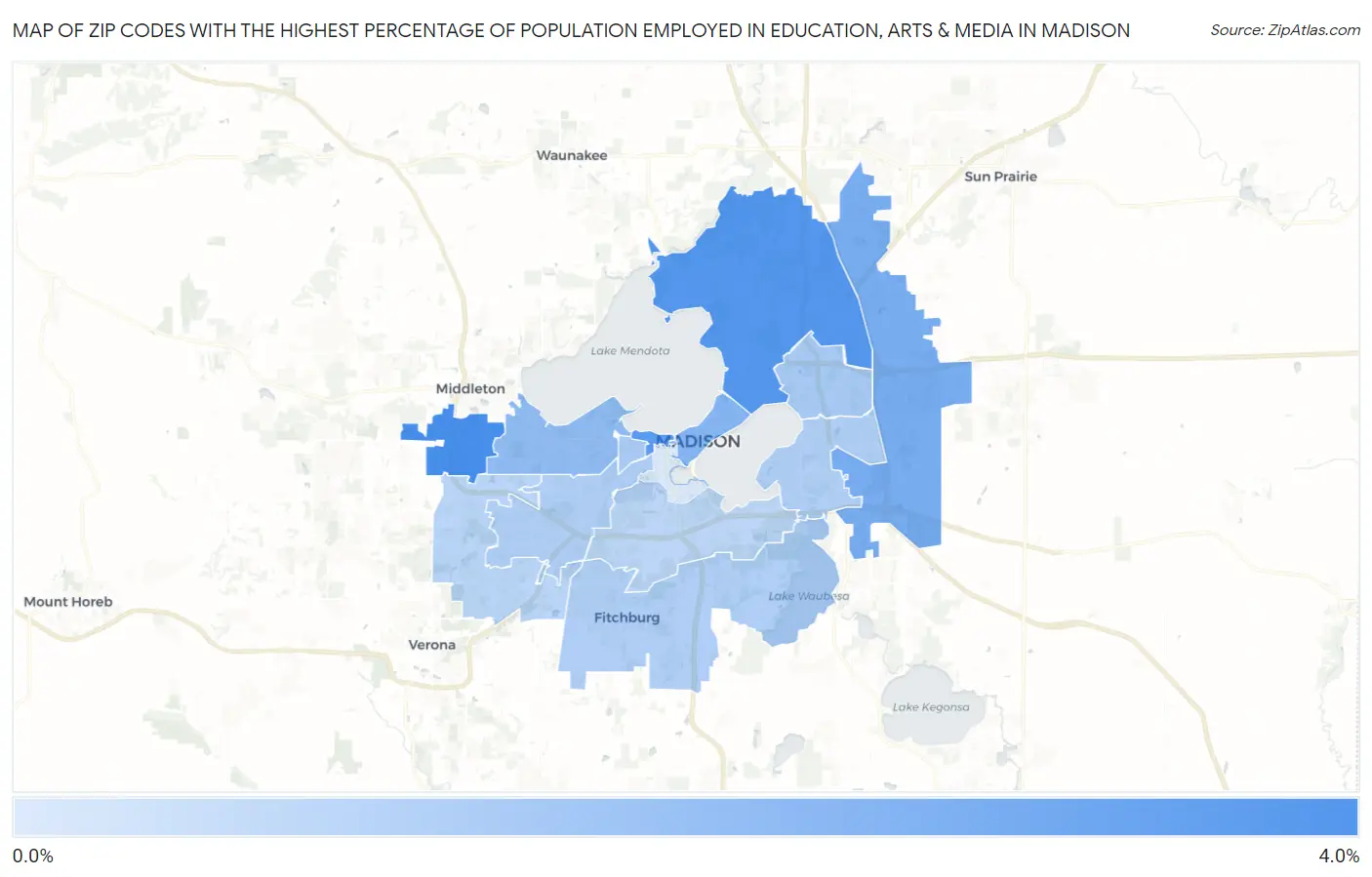 Zip Codes with the Highest Percentage of Population Employed in Education, Arts & Media in Madison Map