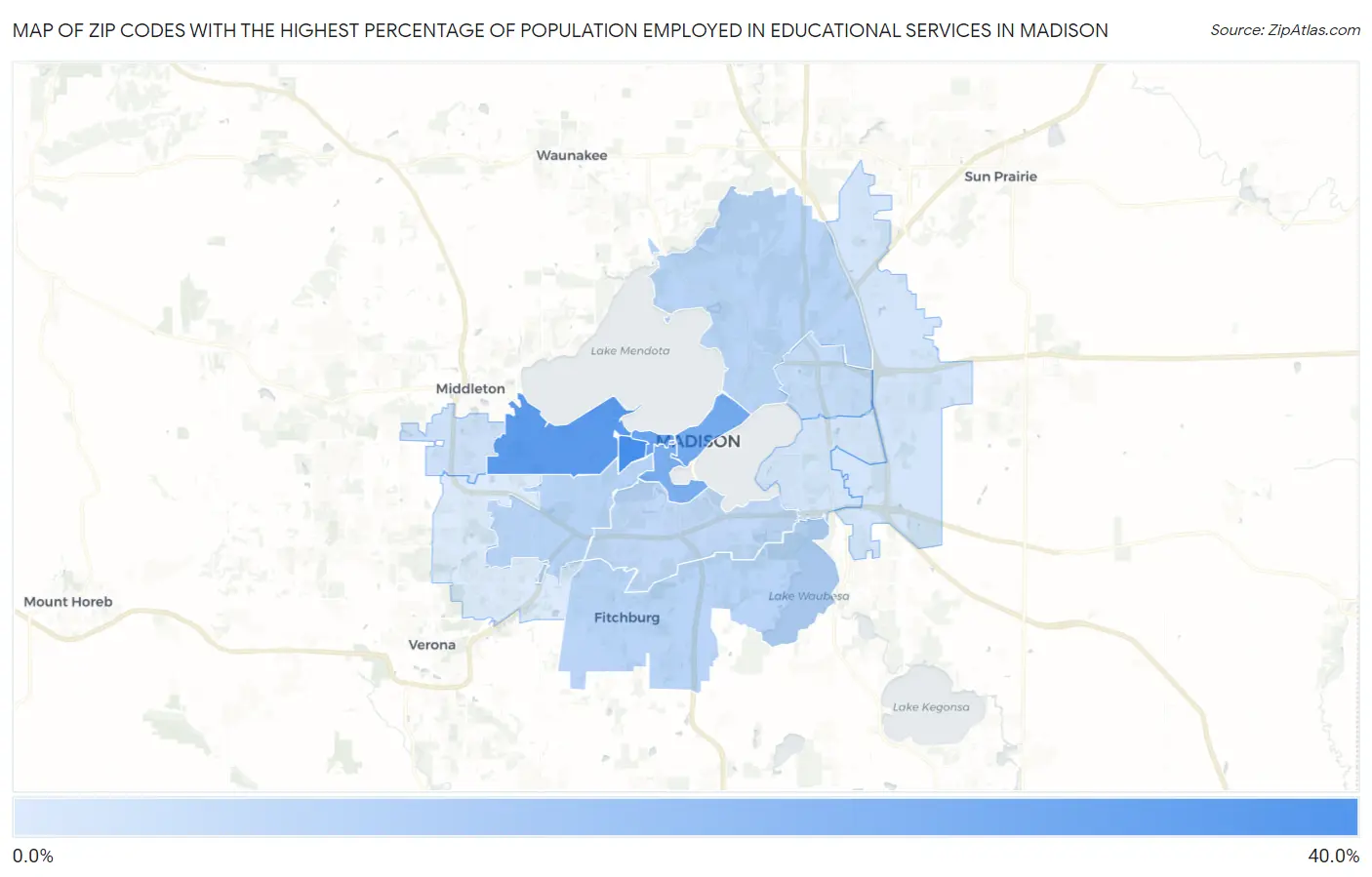 Zip Codes with the Highest Percentage of Population Employed in Educational Services in Madison Map