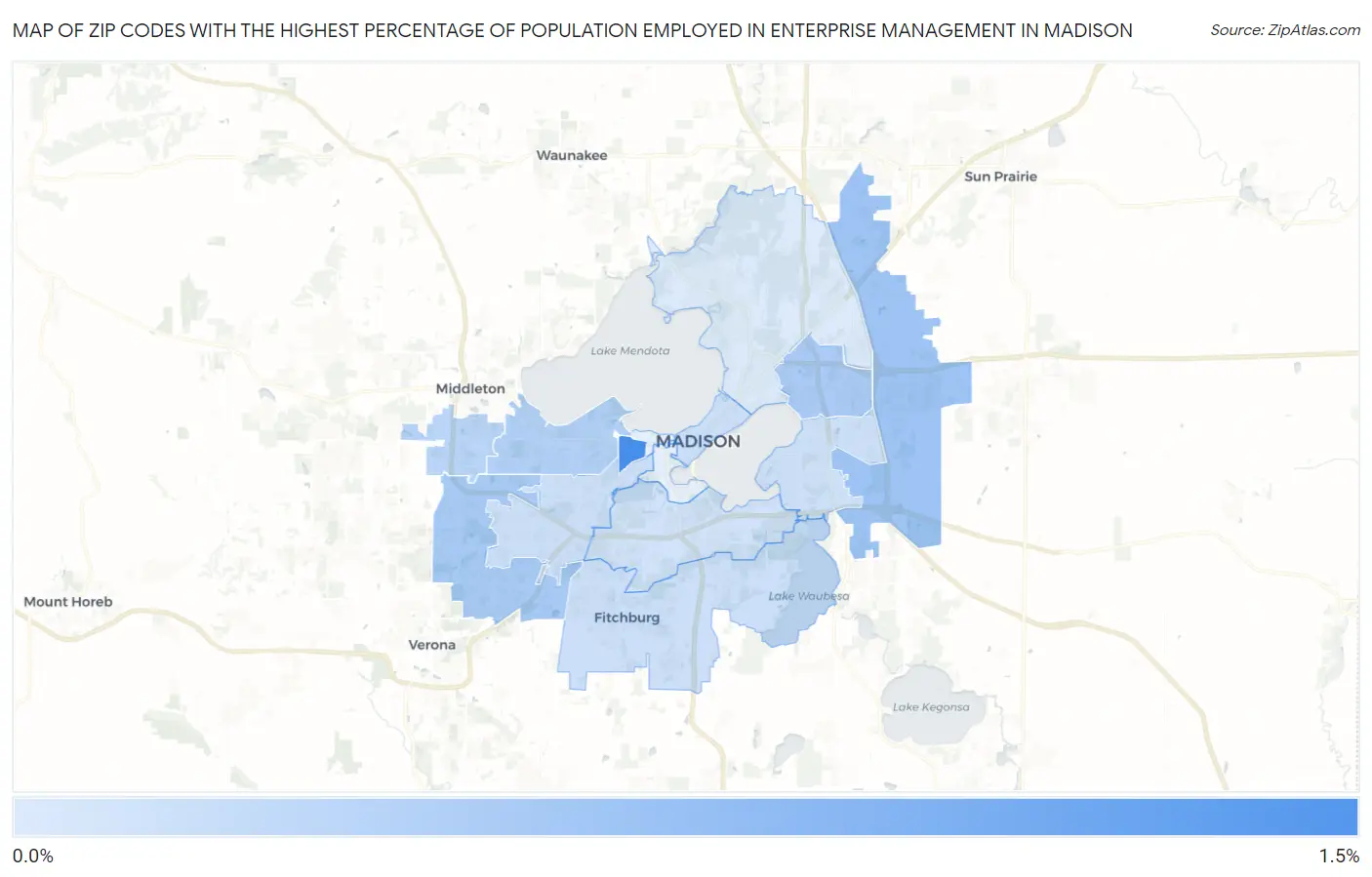 Zip Codes with the Highest Percentage of Population Employed in Enterprise Management in Madison Map