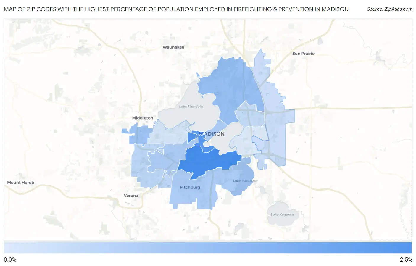 Zip Codes with the Highest Percentage of Population Employed in Firefighting & Prevention in Madison Map